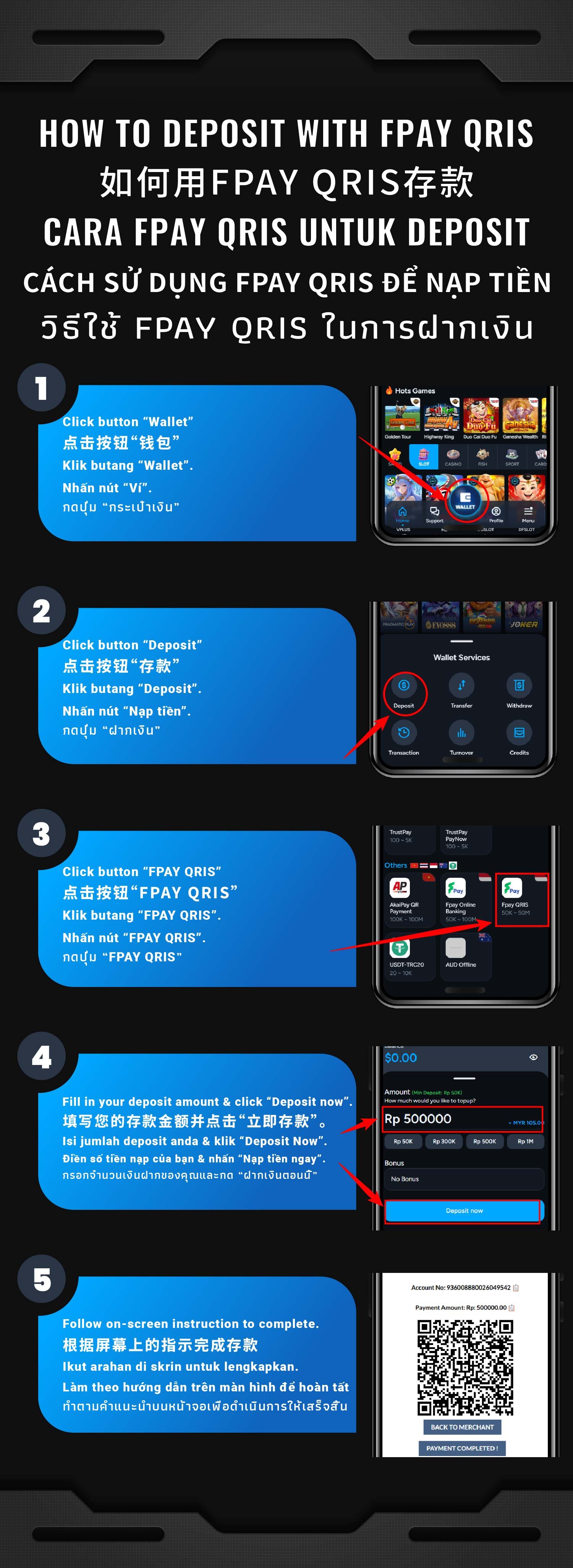 Illustrated step-by-step AiPLAY guide: How To Deposit With Fpay Qris