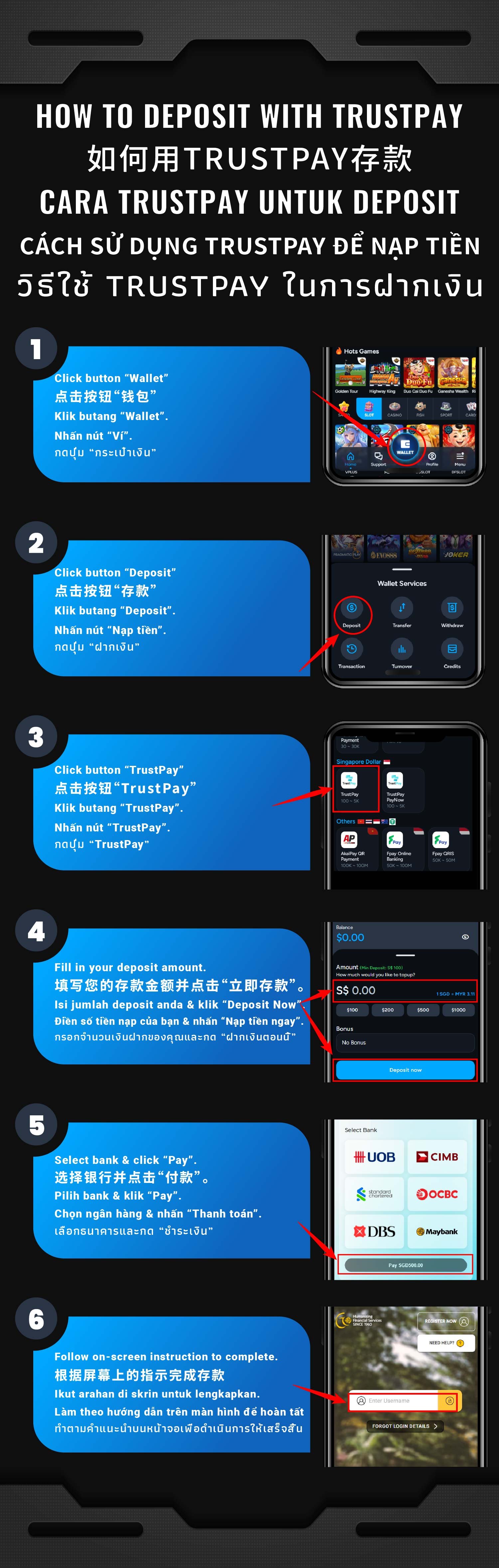 Illustrated step-by-step AiPLAY guide: How to Deposit Truspay - SGD