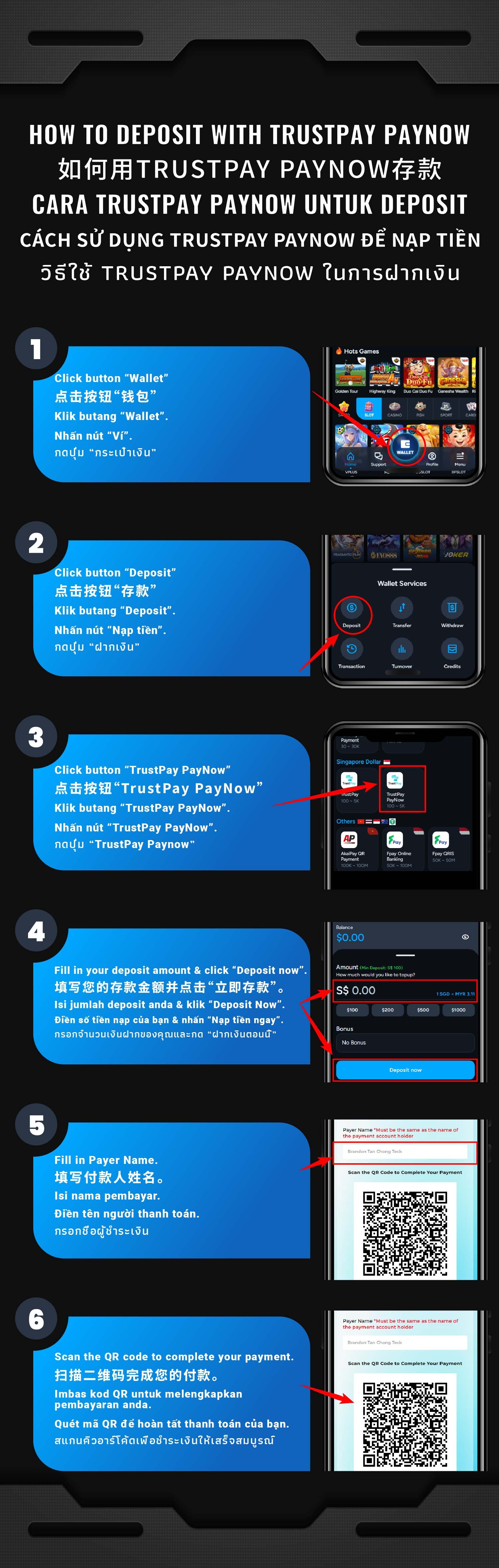 Illustrated step-by-step AiPLAY guide: How To Deposit With Truspay Paynow